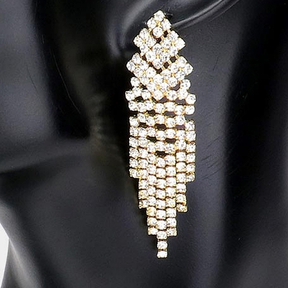 Fringe Gold Crystal Dangle Earrings 2.25" Tassel Formal Statement Accessory - Picture 2 of 2